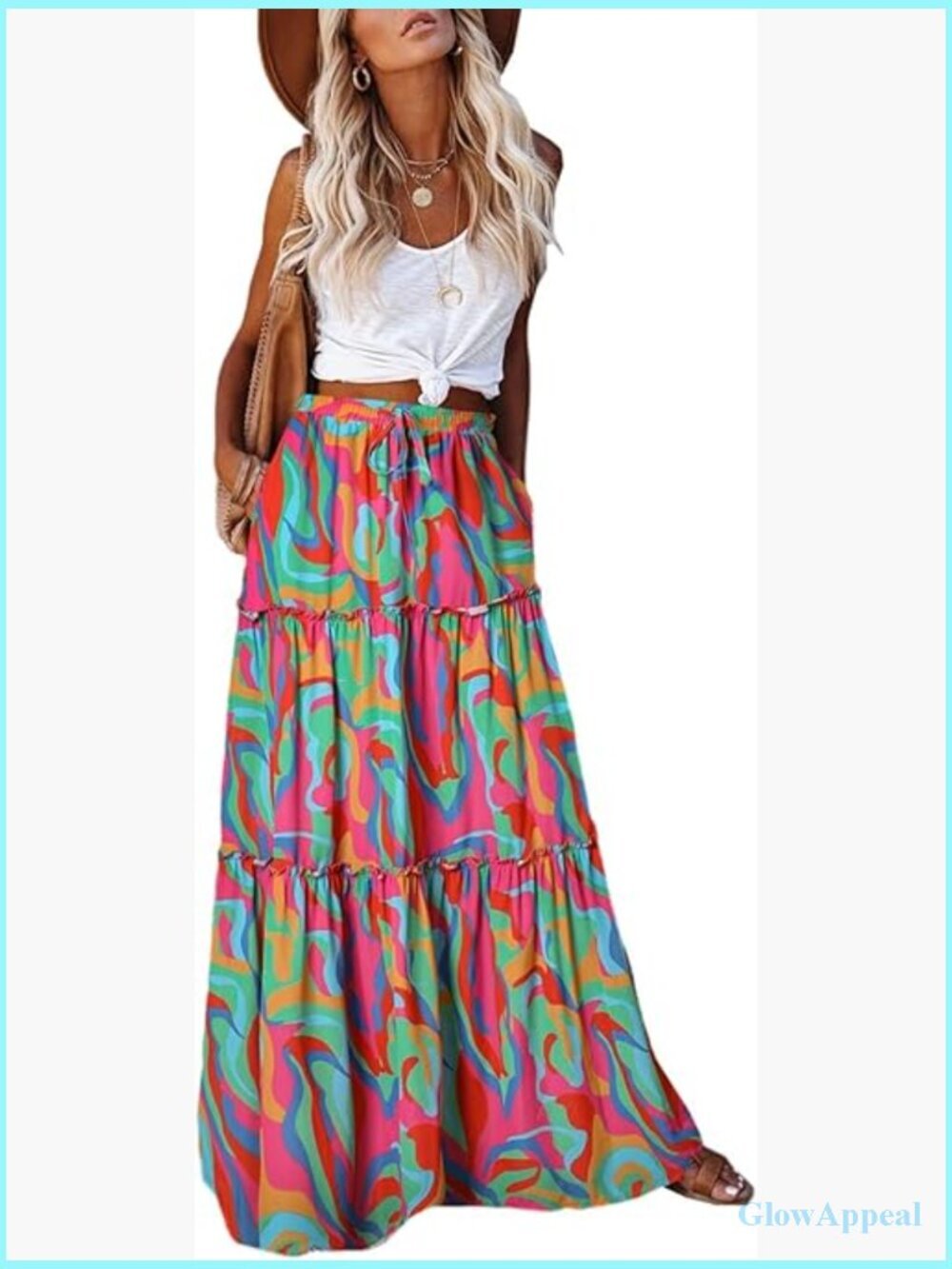 Boho Maxi Skirt with Pockets High Waist Tie Flowy Long Skirt